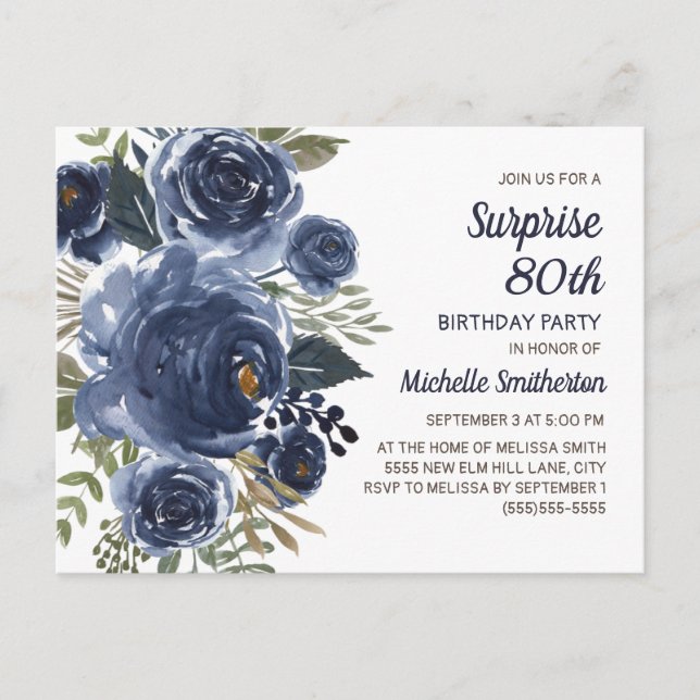 Invitation surprise 80 ans aquarelle florale bleu  (Devant)