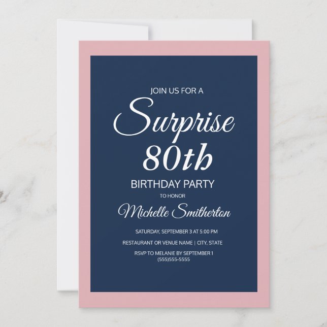 Invitation surprise 80 ans bleu marine rose (Devant)