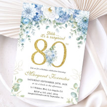 Invitation surprise 80 ans fleurs bleu poudré or