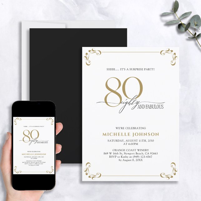 Invitation Surprise 80 & Fabulous Black & Gold Birthday (Créateur téléchargé)