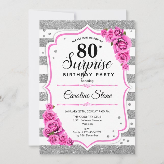 Invitation Surprise 80e anniversaire - Argent blanc rose (Devant)