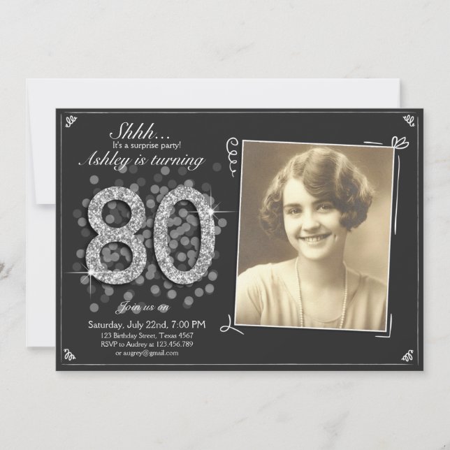 Invitation Surprise 80e anniversaire Argent Vintag (Devant)