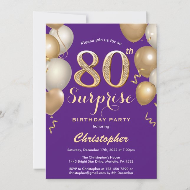 Invitation Surprise 80e anniversaire Ballons violet et or (Devant)