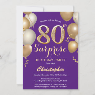 Invitation Surprise 80e anniversaire Ballons violet et or