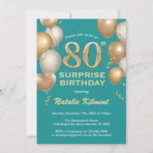Invitation Surprise 80e anniversaire Balloons Turquoise et or
