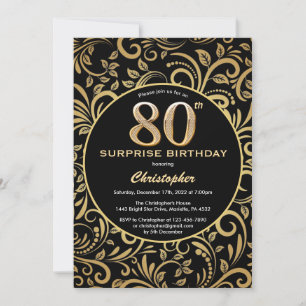 Invitation Surprise 80e anniversaire Black and Gold Floral