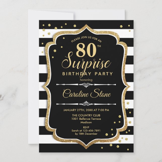 Invitation Surprise 80e anniversaire - Black White Gold (Devant)