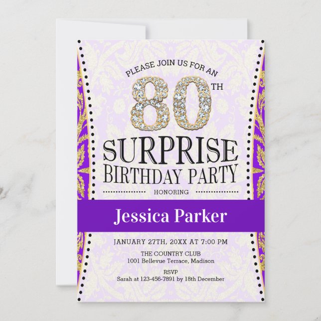 Invitation Surprise 80e anniversaire - Blanc Gold violet (Devant)