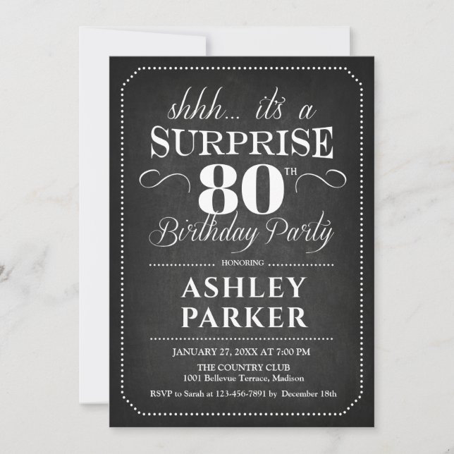 Invitation Surprise 80e anniversaire - Chalkboard noir blanc (Devant)