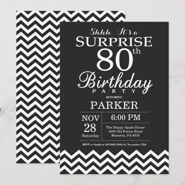 Invitation Surprise 80e anniversaire Chevron noir et blanc (Devant / Derrière)