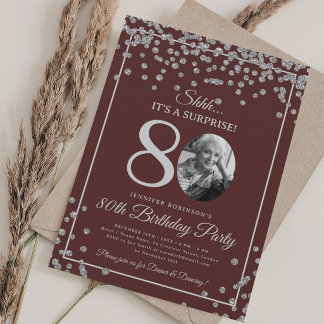 Invitation SURPRISE 80e Anniversaire Confettis Argentés Borde