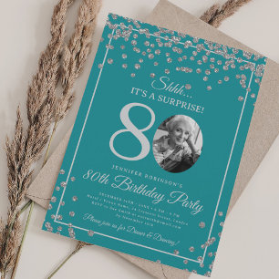 Invitation SURPRISE 80e Anniversaire Confettis Argentés Turqu
