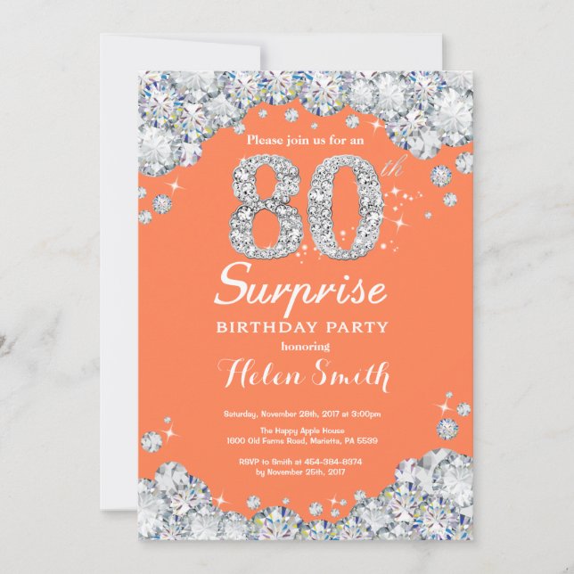 Invitation Surprise 80e anniversaire corail argent diamant (Devant)