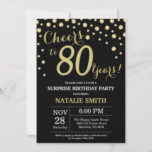 Invitation Surprise 80e anniversaire Diamant noir et or (Devant)