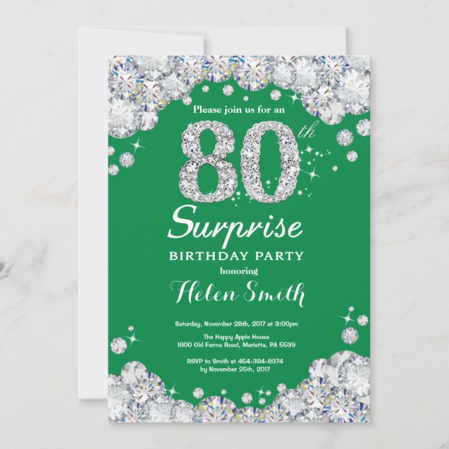 Invitation Surprise 80e anniversaire Diamant vert et argent (Devant)