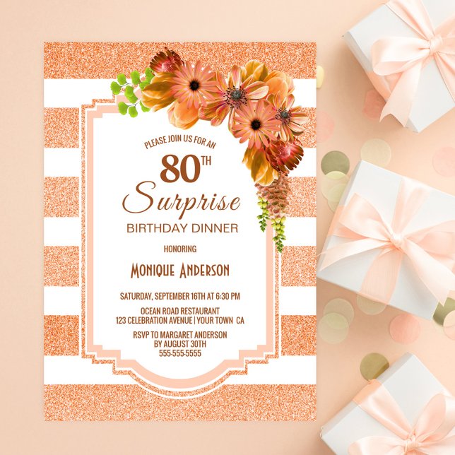 Invitation Surprise 80e anniversaire Dîner Apricot Fête Flora (Créateur téléchargé)