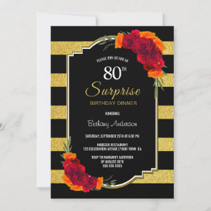 Invitation Surprise 80e anniversaire Dîner Noir Or rayé