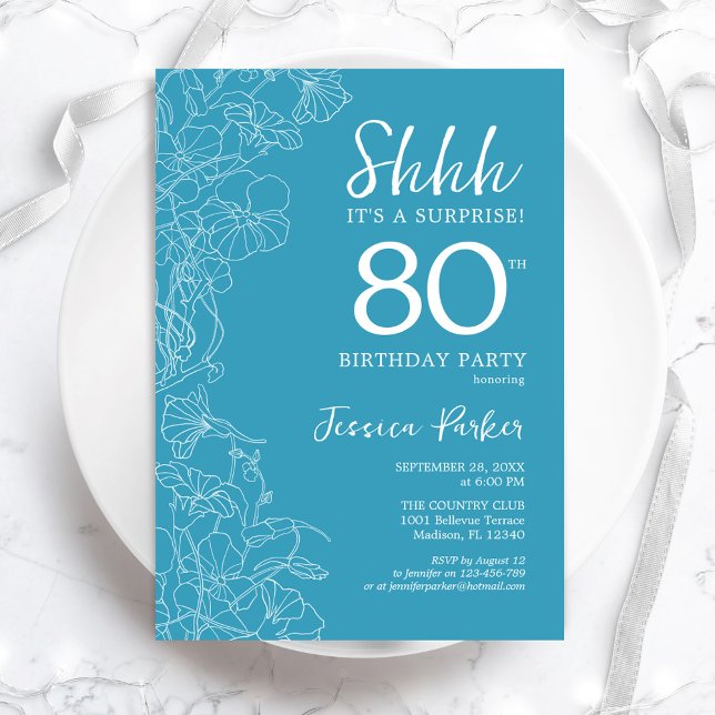 Invitation Surprise 80e anniversaire - Floral Light Blue (Créateur téléchargé)