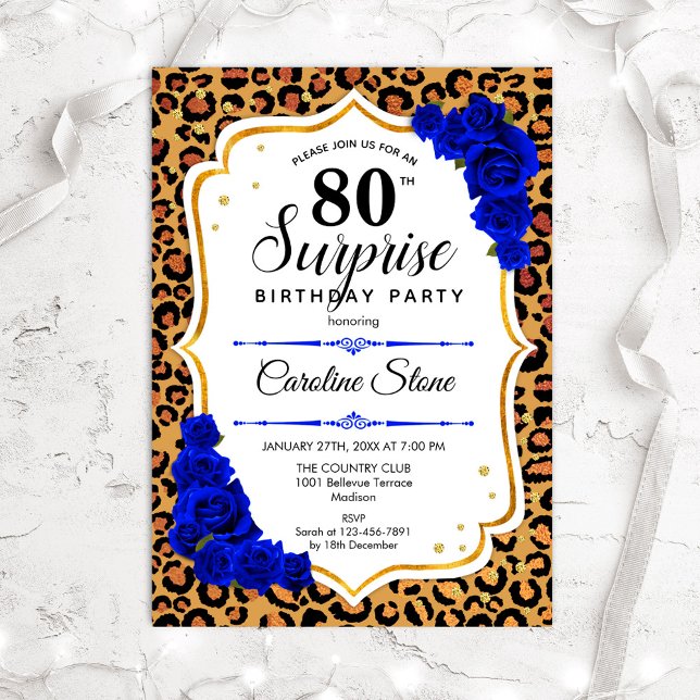Invitation Surprise 80e anniversaire - Leopard Gold Royal Blu (Créateur téléchargé)