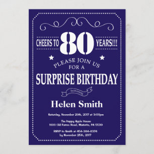 Invitation Surprise 80e anniversaire Marine bleu et blanc