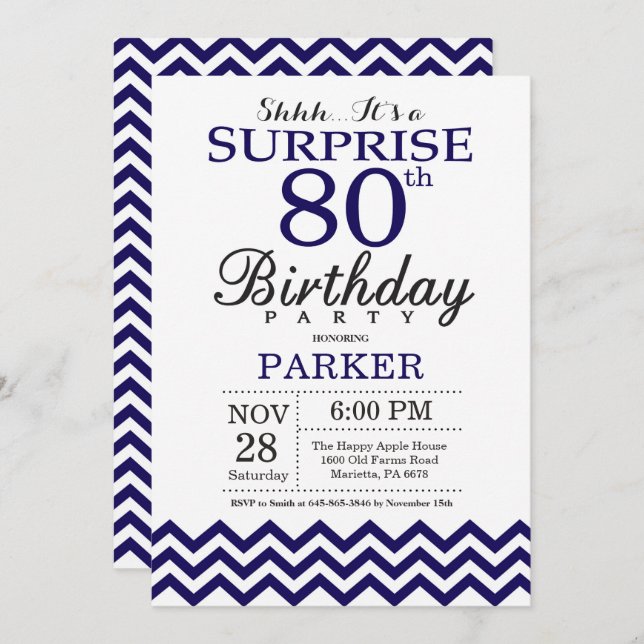 Invitation Surprise 80e anniversaire Marine Blue Chevron (Devant / Derrière)