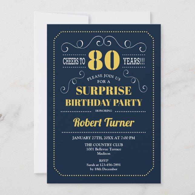 Invitation Surprise 80e anniversaire - Marine Blue Gold (Devant)