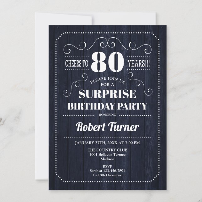 Invitation Surprise 80e anniversaire - Marine Rustic Wood Mot (Devant)