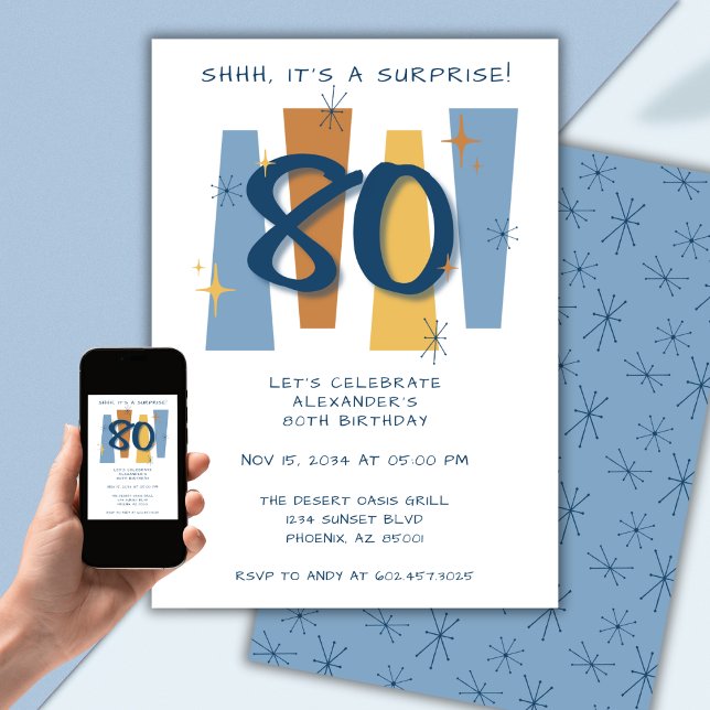 Invitation Surprise 80e anniversaire Midsiècle moderne bleu (Créateur téléchargé)