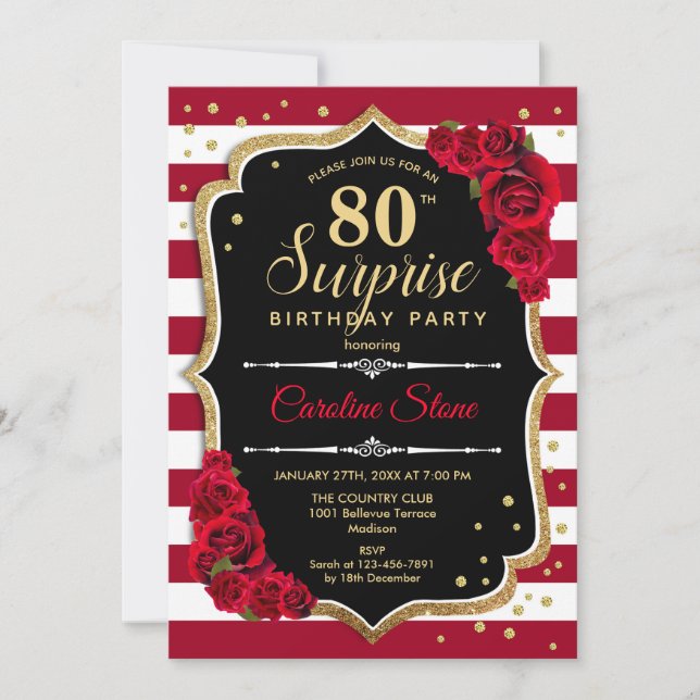 Invitation Surprise 80e anniversaire - Noir Blanc Rouge (Devant)