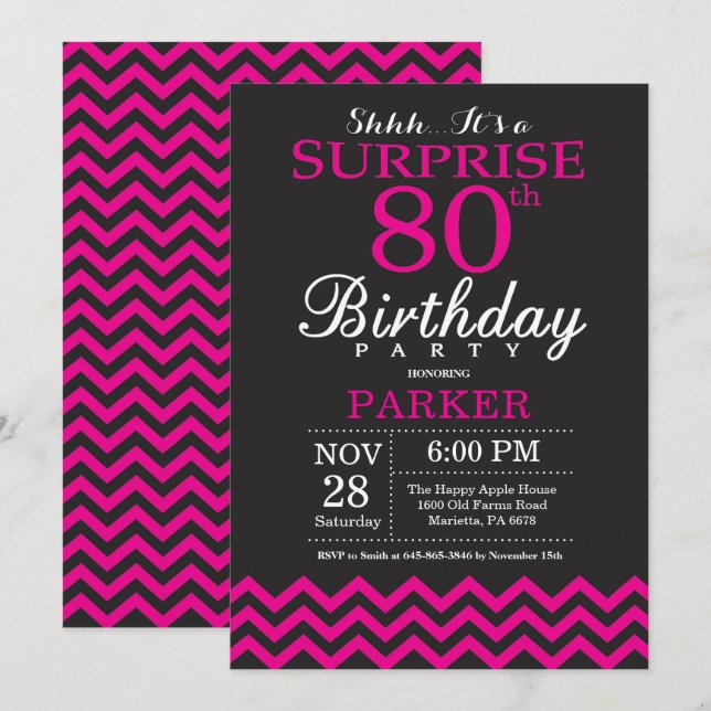 Invitation Surprise 80e anniversaire noir et rose vif (Devant / Derrière)