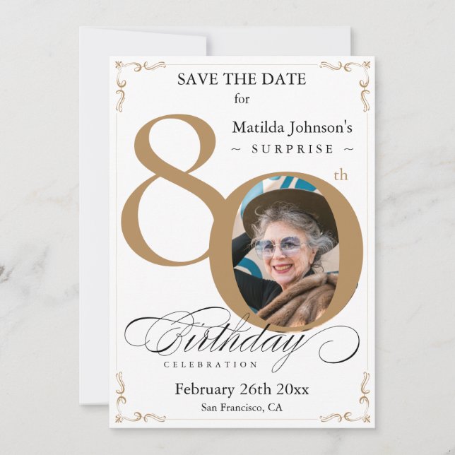 Invitation Surprise 80e Anniversaire Or Blanc Enregistrer la  (Devant)