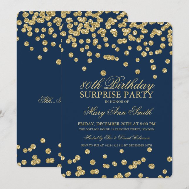 Invitation Surprise 80e anniversaire Parties scintillant d'or (Devant / Derrière)
