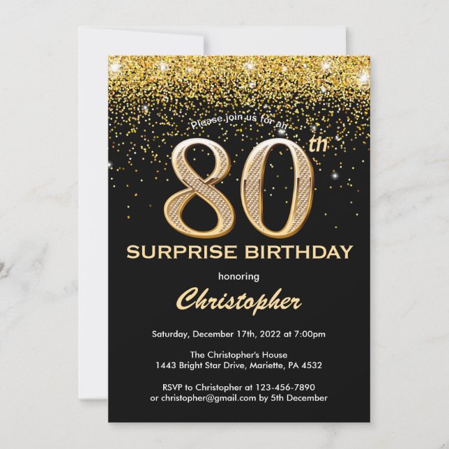 Invitation Surprise 80e anniversaire Parties scintillant noir (Devant)