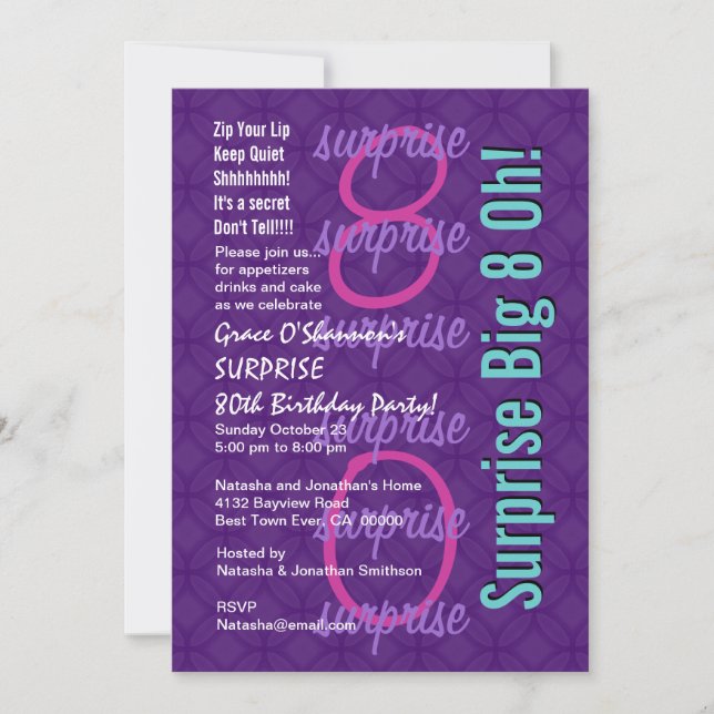 Invitation SURPRISE 80e anniversaire Purple Pink Blue F218 (Devant)