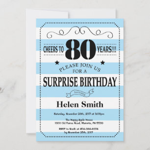 Invitation Surprise 80e Anniversaire Rayures Bleues et Blanch