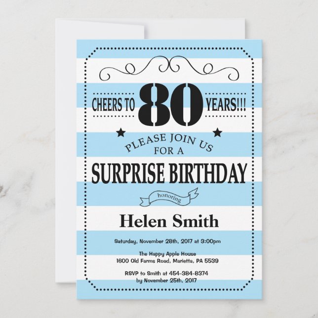 Invitation Surprise 80e Anniversaire Rayures Bleues et Blanch (Devant)