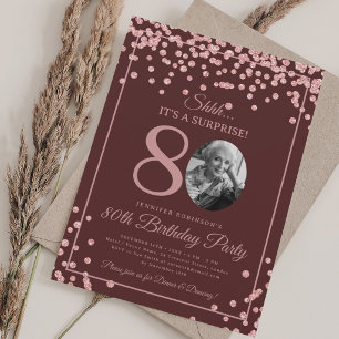 Invitation SURPRISE 80e Anniversaire Rose Gold Confettis Bour