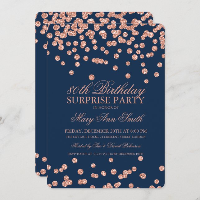 Invitation Surprise 80e anniversaire Rose Gold Parties scinti (Devant / Derrière)