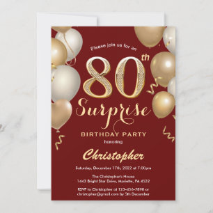 Invitation Surprise 80e anniversaire Sombre Rouge et Or Ballo