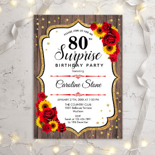 Invitation Surprise 80e anniversaire - Tournesols Bois rustiq