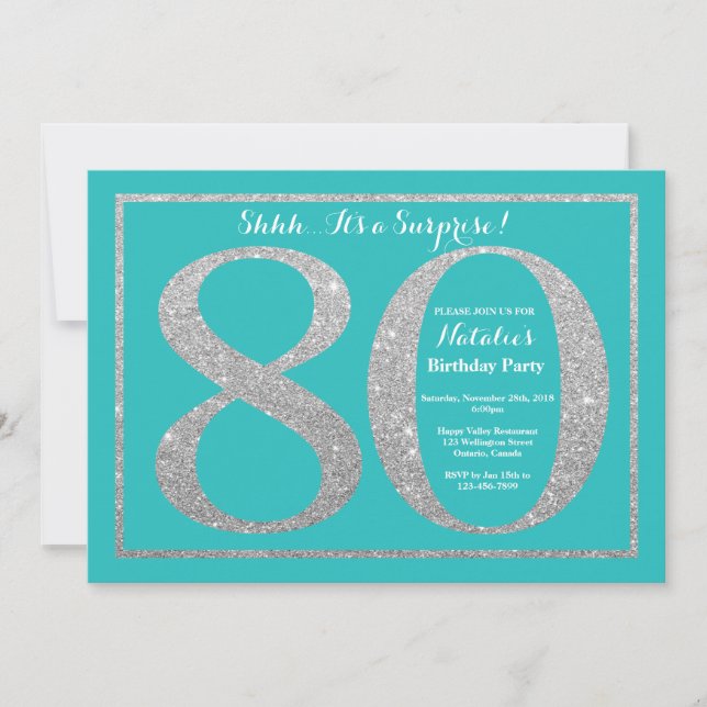 Invitation Surprise 80e anniversaire Turquoise et Parties sci (Devant)