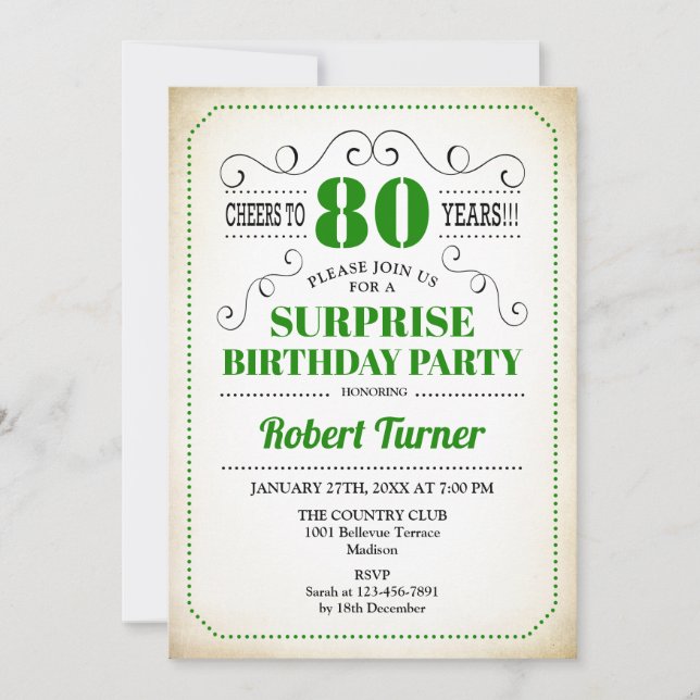 Invitation Surprise 80e anniversaire - Vert Blanc Noir (Devant)
