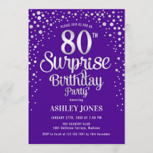 Invitation Surprise 80e fête d'anniversaire - Argent & Violet