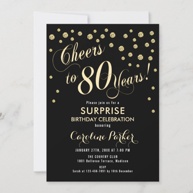 Invitation Surprise 80e fête d'anniversaire - Gold Black (Devant)