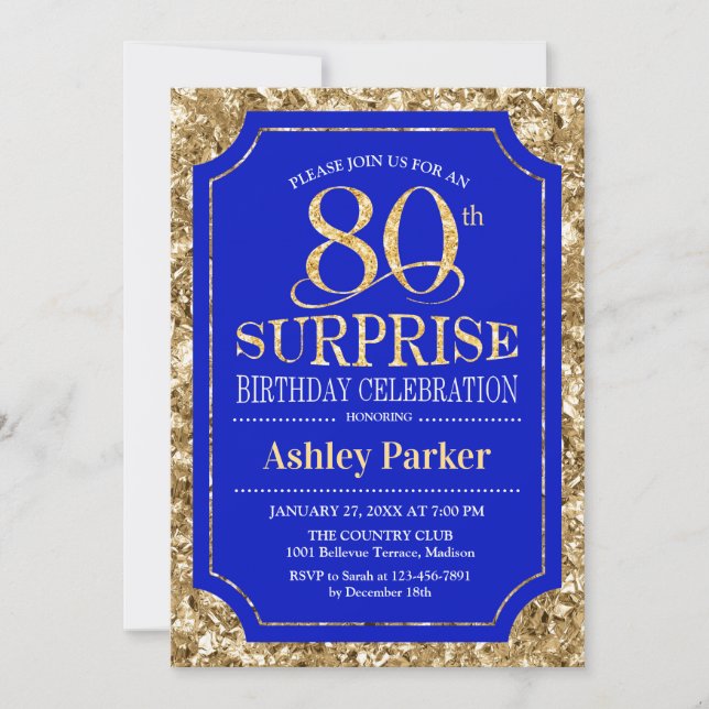 Invitation Surprise 80e fête d'anniversaire - Gold Royal Blue (Devant)