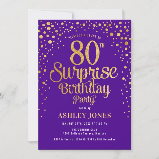Invitation Surprise 80e fête d'anniversaire - Purple & Gold (Devant)