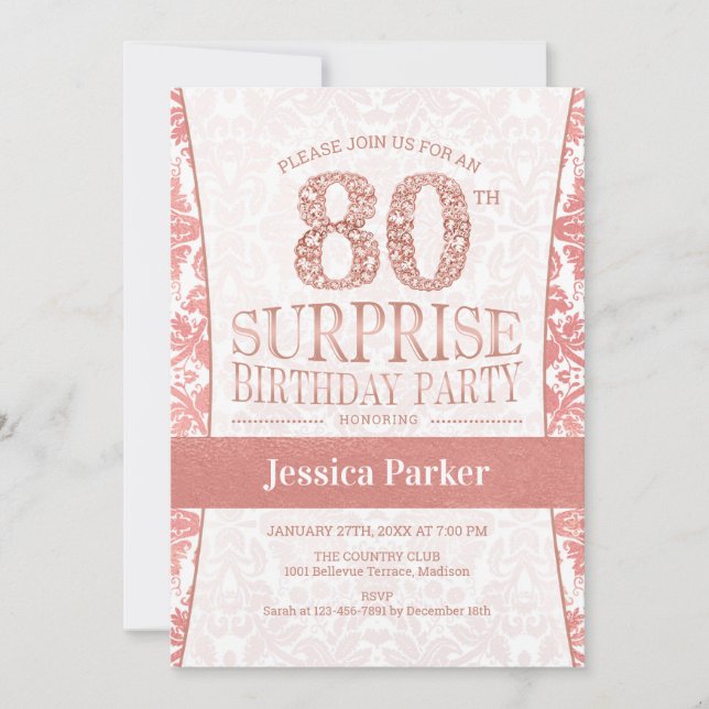 Invitation Surprise 80e fête d'anniversaire - Rose Gold White (Devant)