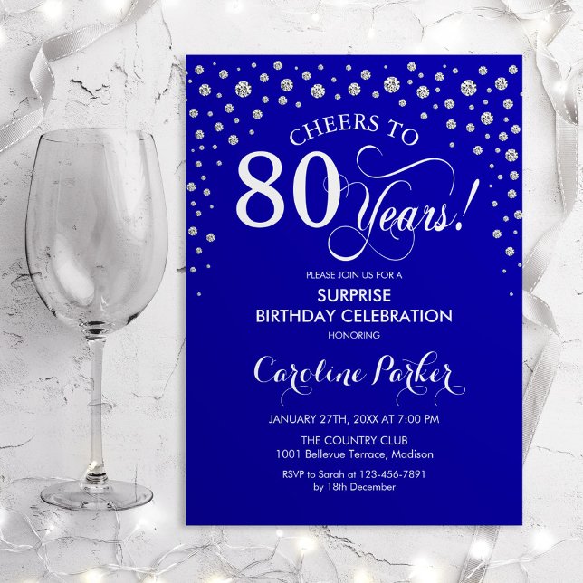Invitation Surprise 80e fête d'anniversaire - Royal Blue Silv (Créateur téléchargé)