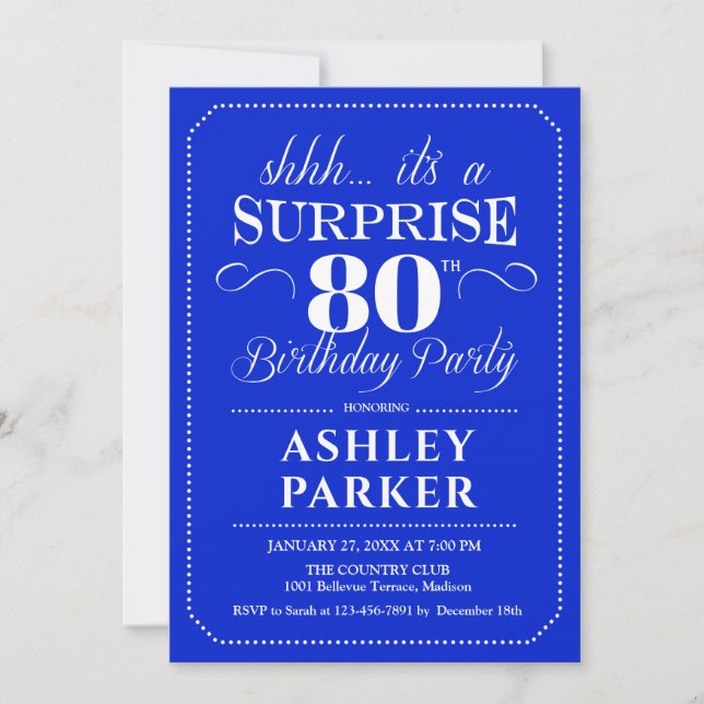 Invitation Surprise 80e fête d'anniversaire - Royal Blue Whit (Devant)