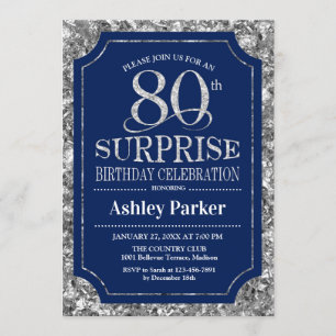 Invitation Surprise 80e fête d'anniversaire - Silver Navy Blu